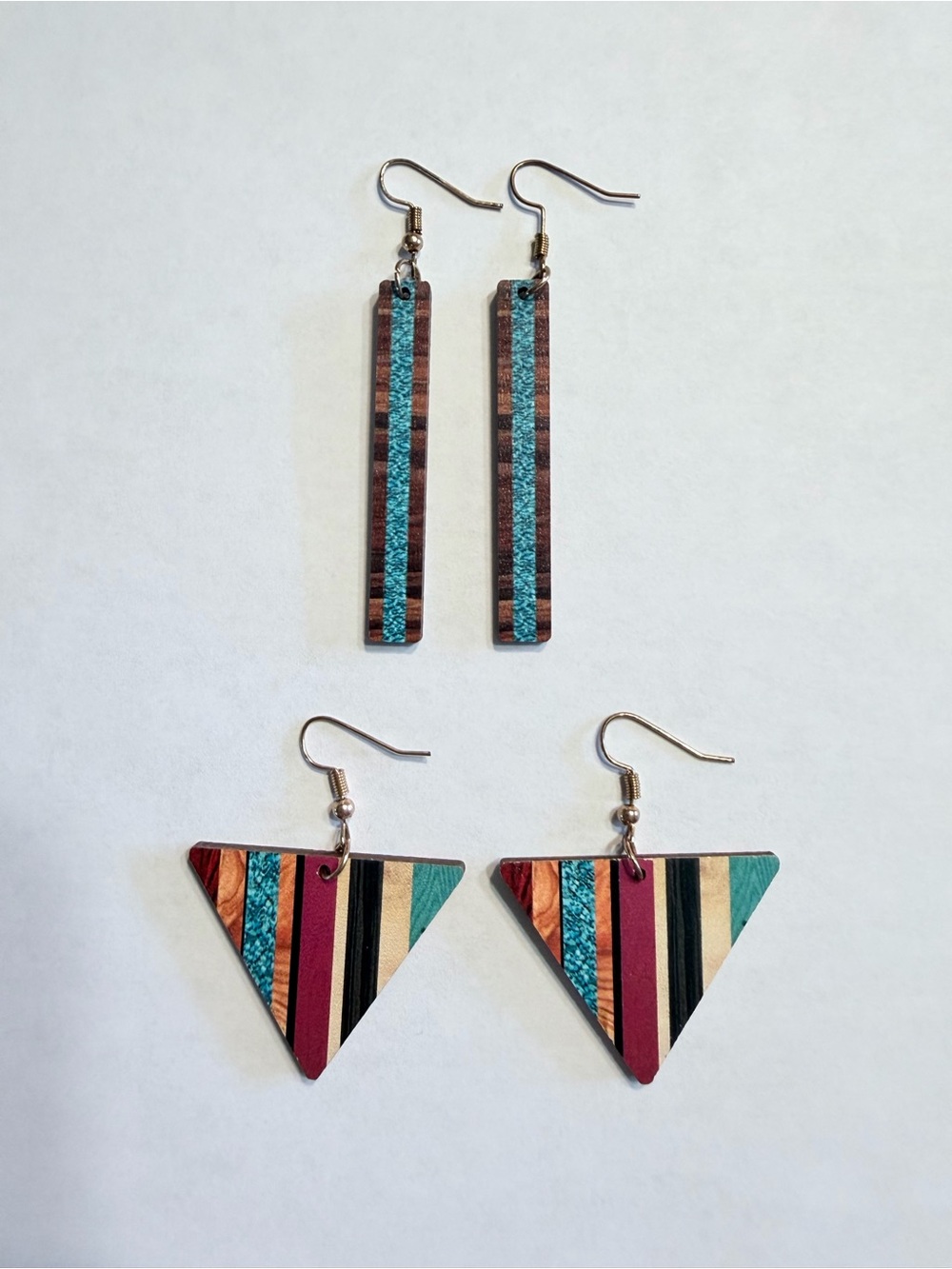 2 Pair Wooden Geometric Faux Inlay Earrings Brown Blue Multicolor Fishhook Wires